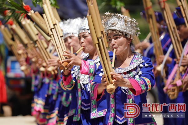 广西龙胜各族自治县乐江镇江口村侗族同胞在新鼓楼前吹芦笙